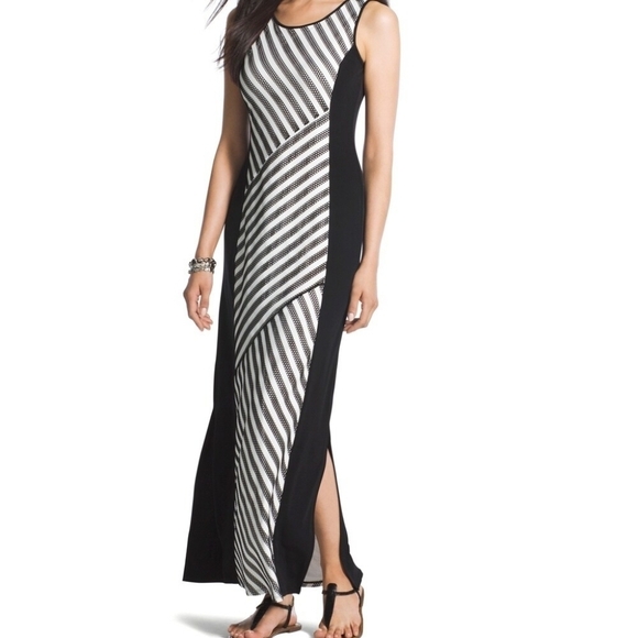 Chico's Black White Knit Kit Textured Diagonal Stripe Maxi Dress Sleeveless - Picture 2 of 9